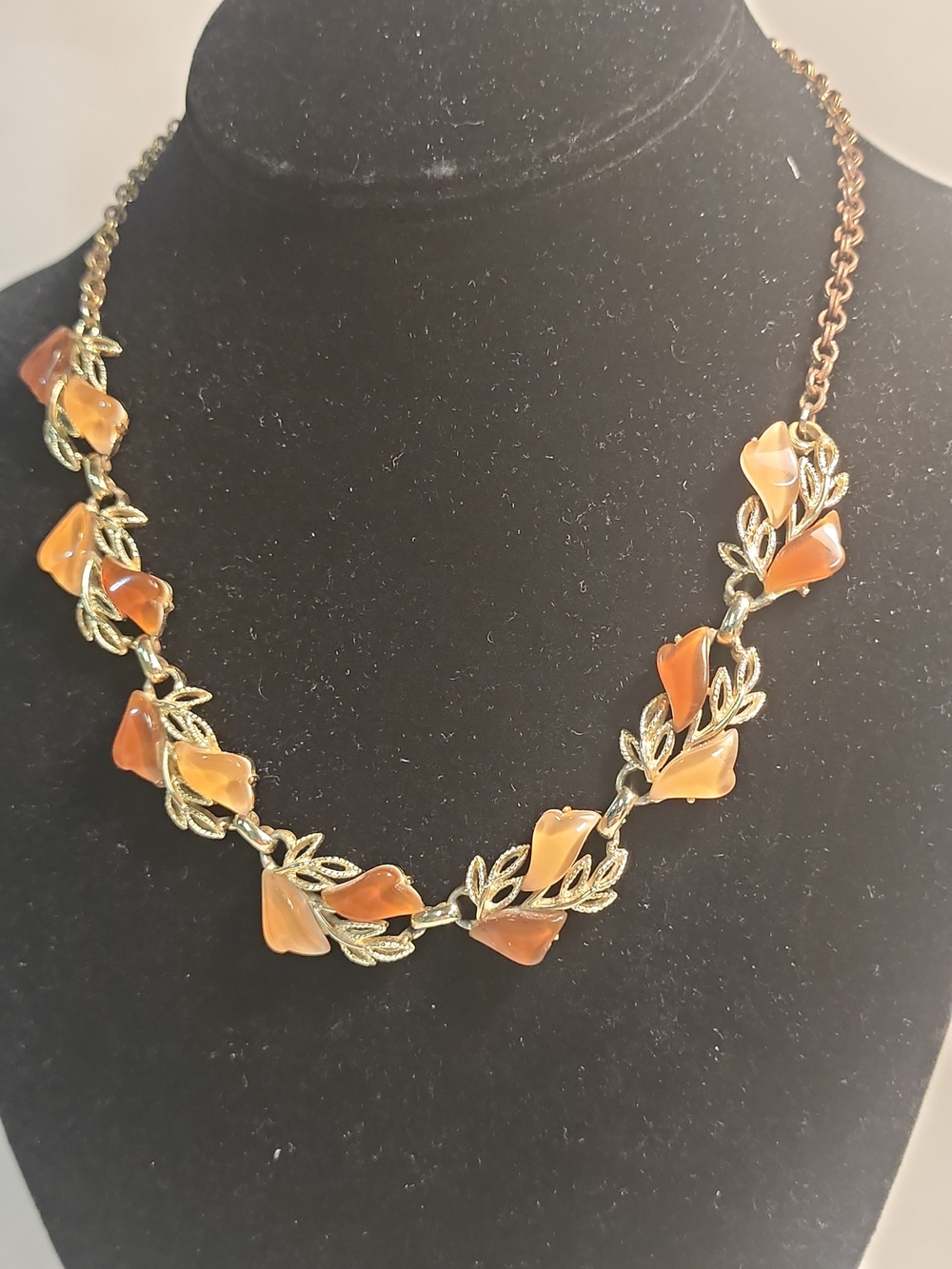Gold Leaf Chain Necklace with Orange Stone Petals
